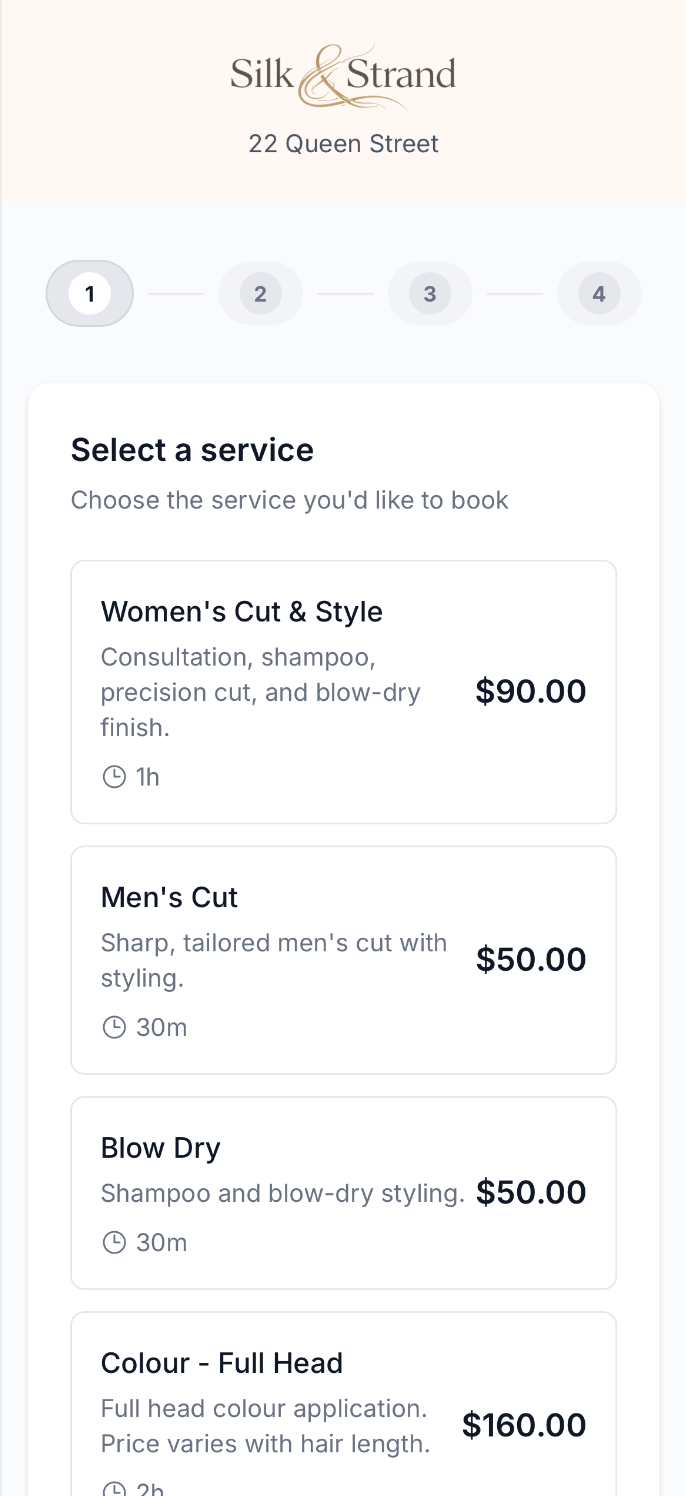 Real booking page for a salon on TimeToBook