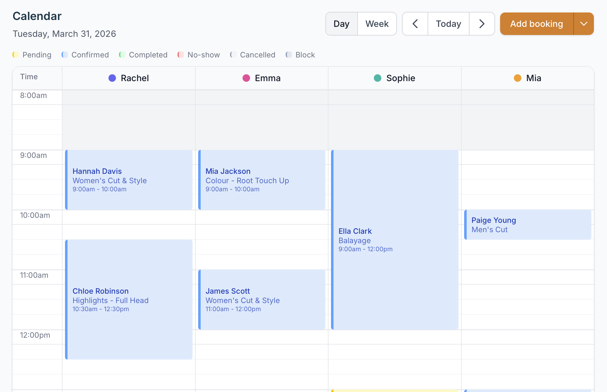 Team calendar view showing multiple staff schedules with colour-coded bookings